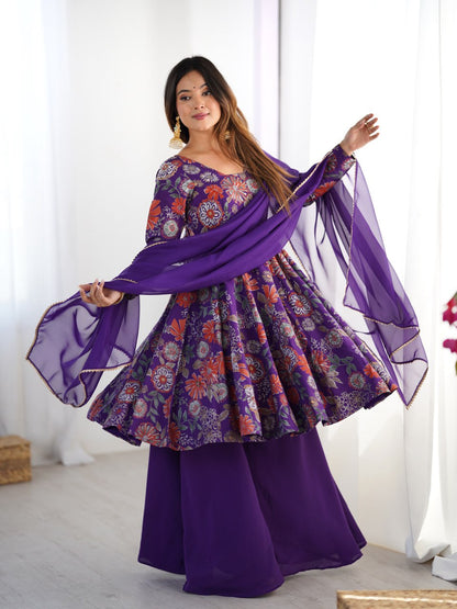 PURPLE Soft Romansilk Chanderi Kediya Style & Fancy Organza Dupatta