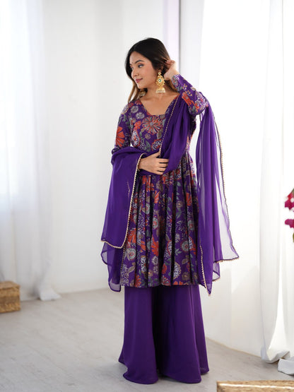 PURPLE Soft Romansilk Chanderi Kediya Style & Fancy Organza Dupatta
