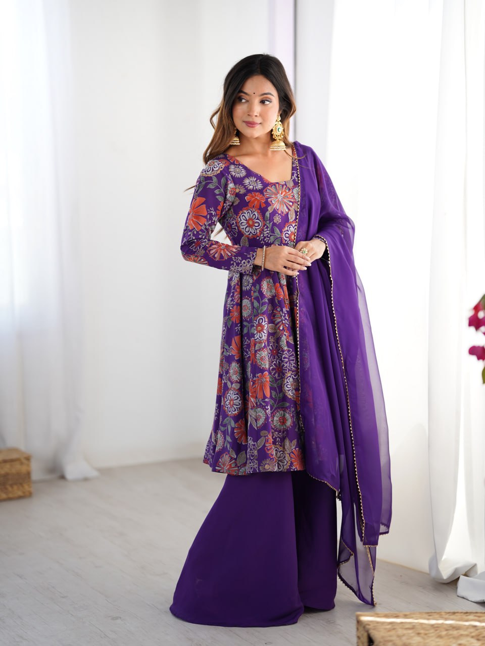 PURPLE Soft Romansilk Chanderi Kediya Style & Fancy Organza Dupatta