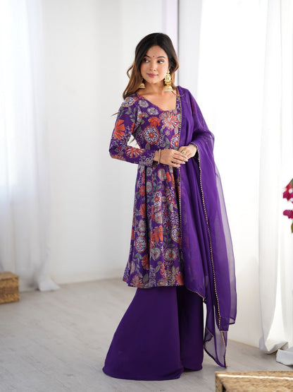 PURPLE Soft Romansilk Chanderi Kediya Style & Fancy Organza Dupatta