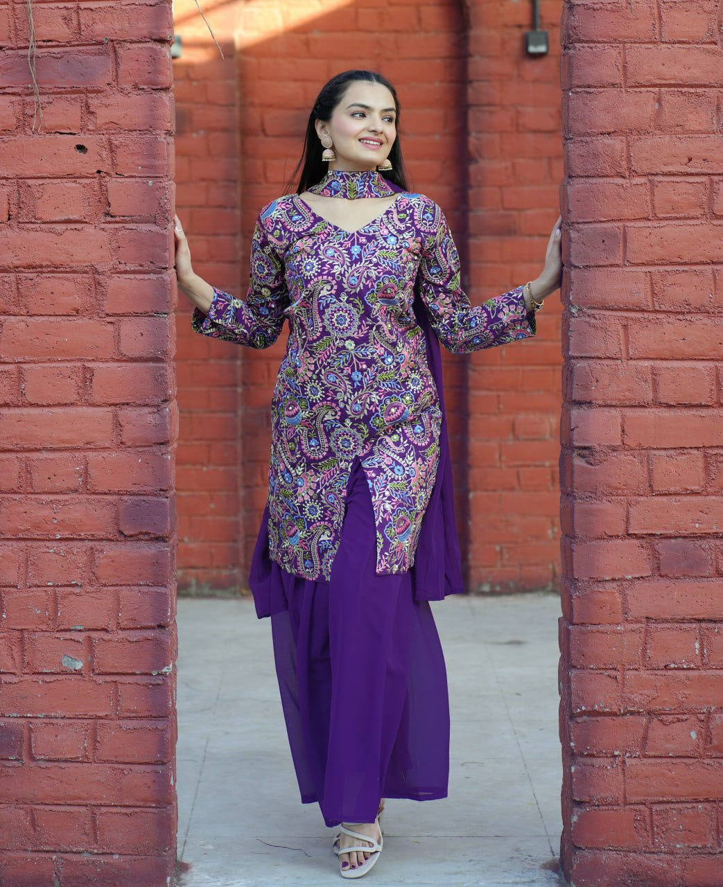 Purple Tapeta Silk Embroidered Sharara Suit with Sequins & Real Mirror Work