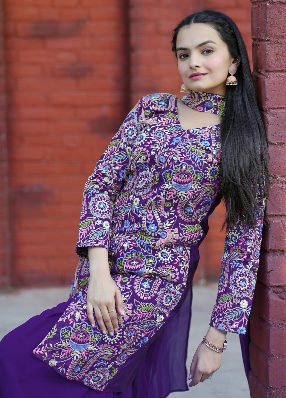 Purple Tapeta Silk Embroidered Sharara Suit with Sequins & Real Mirror Work 