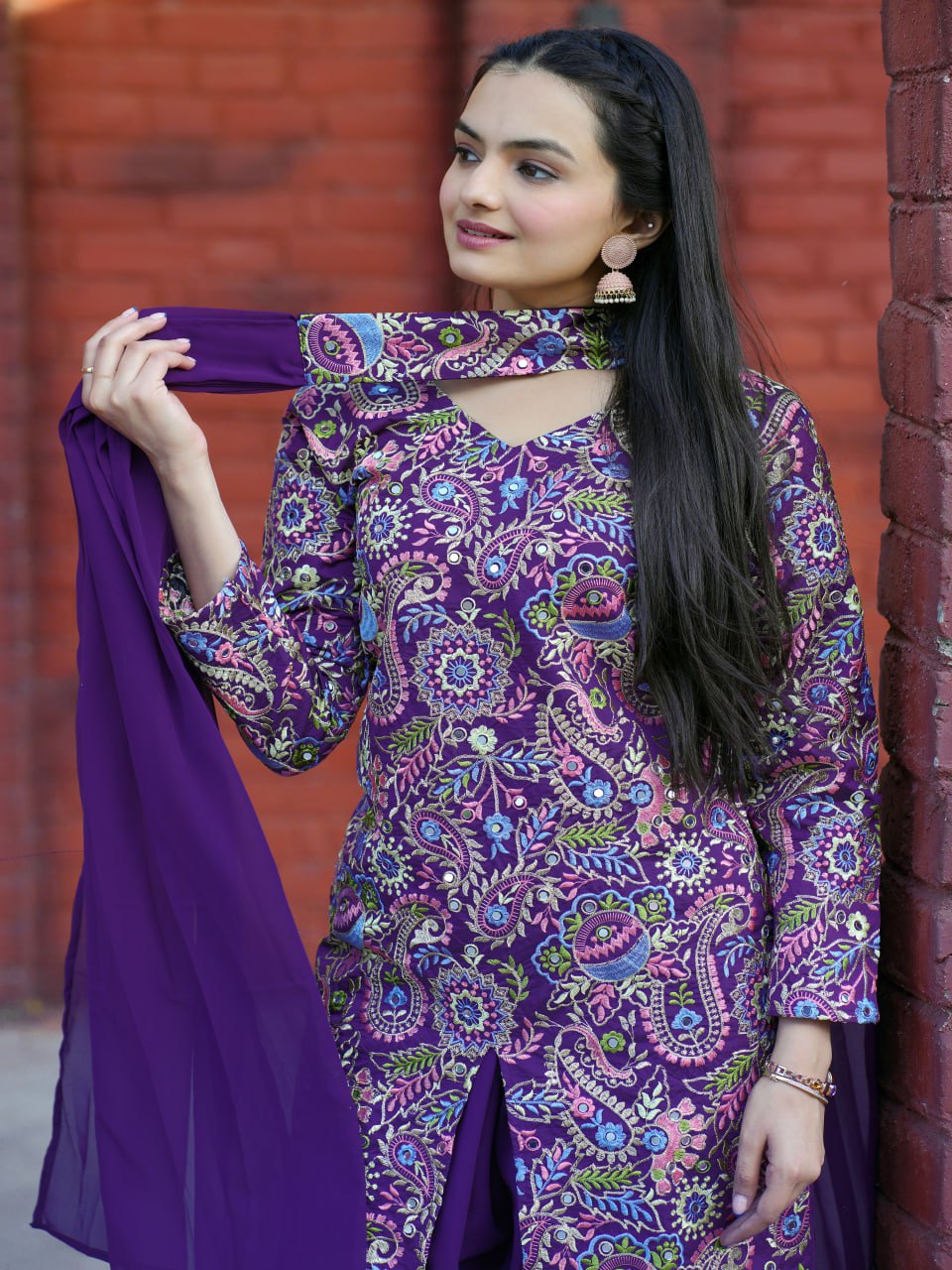 Purple Tapeta Silk Embroidered Sharara Suit with Sequins & Real Mirror Work 