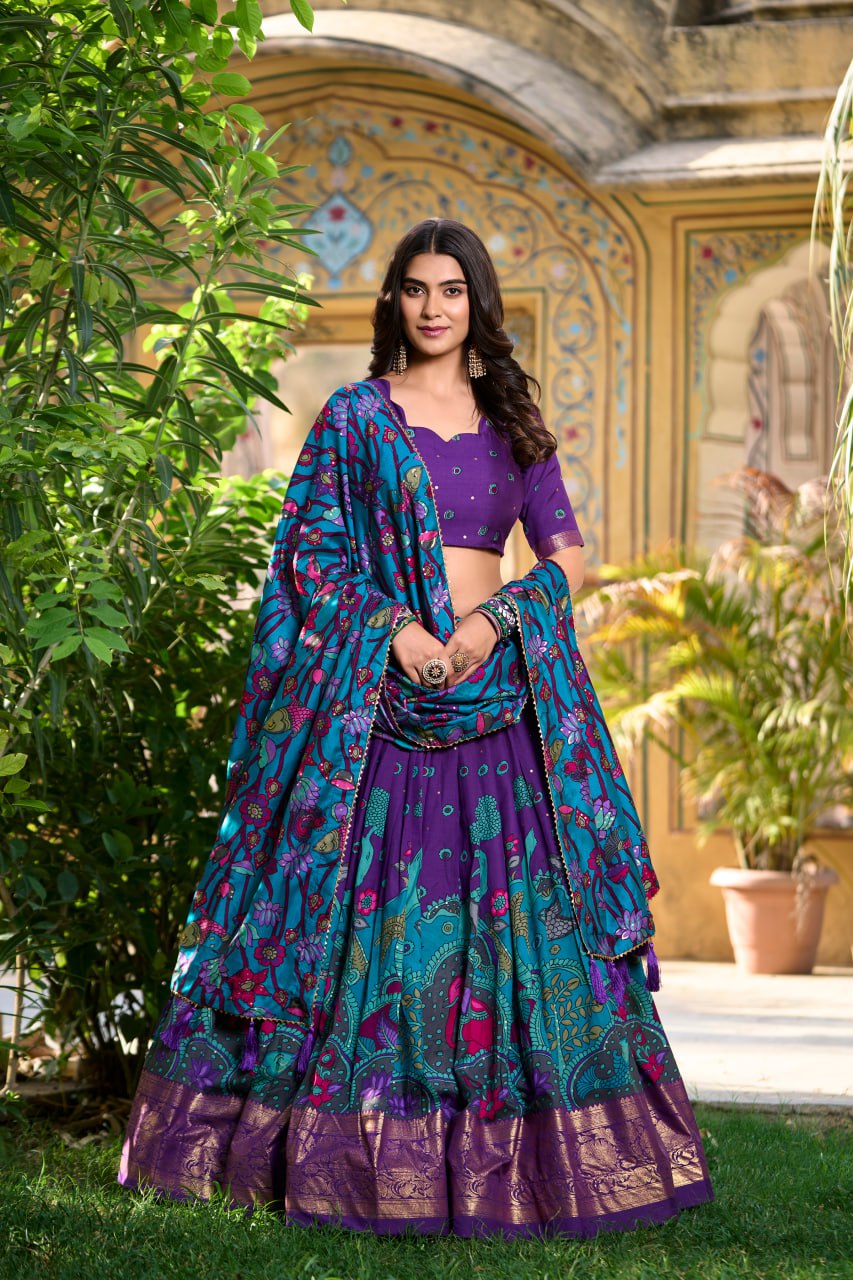 Purple Tussar Silk Kalamkari Print Lehenga Choli with Gotta Patti Dupatta