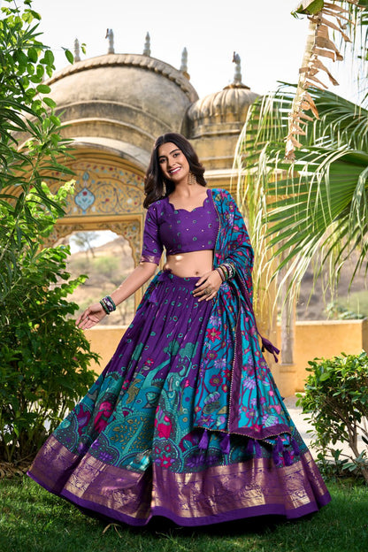 Purple Tussar Silk Kalamkari Print Lehenga Choli with Gotta Patti Dupatta