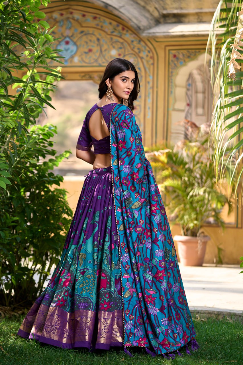 Purple Tussar Silk Kalamkari Print Lehenga Choli with Gotta Patti Dupatta