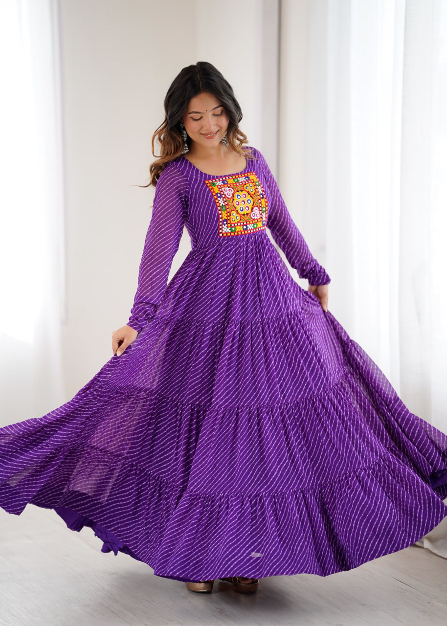 Purple Vibrant Laheriya Print Georgette Anarkali Gown Dress