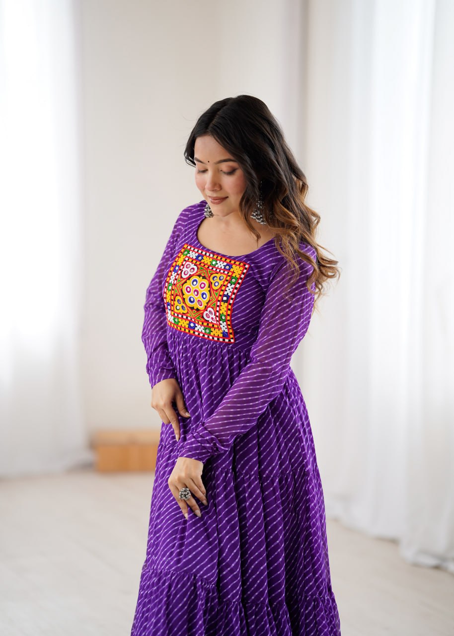Purple Vibrant Laheriya Print Georgette Anarkali Gown Dress