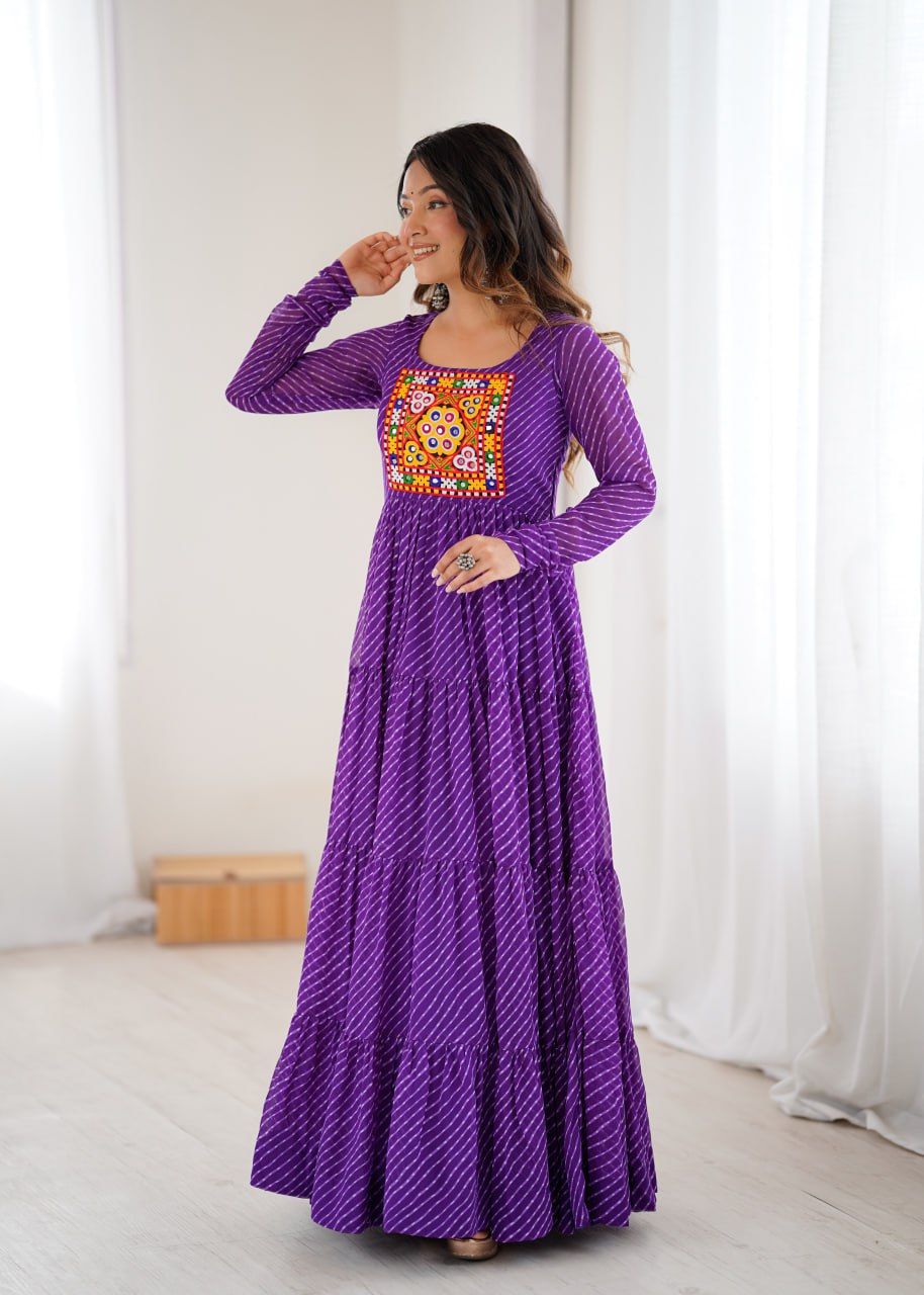 Purple Vibrant Laheriya Print Georgette Anarkali Gown Dress