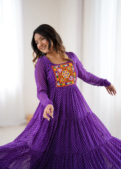 Purple Vibrant Laheriya Print Georgette Anarkali Gown Dress