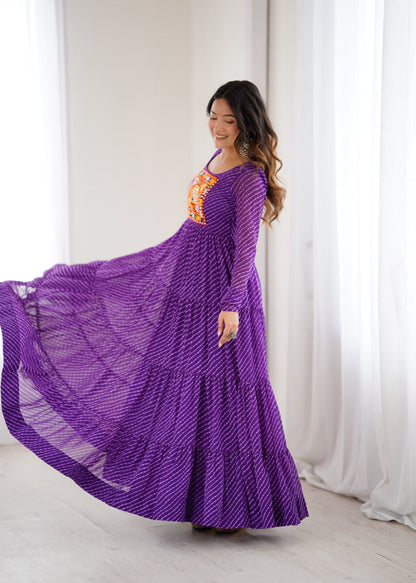 Purple Vibrant Laheriya Print Georgette Anarkali Gown Dress