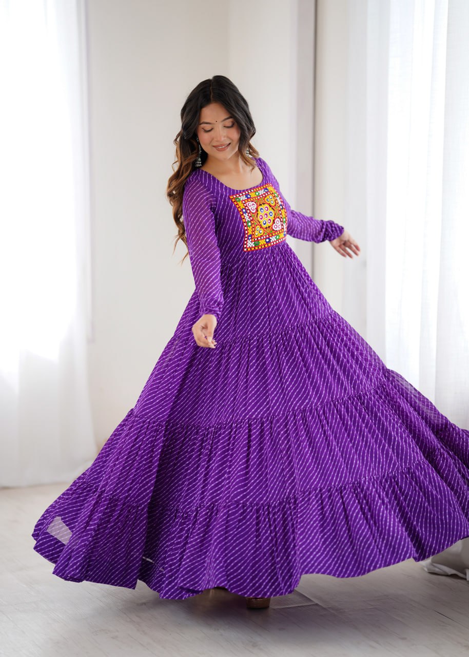 Purple Vibrant Laheriya Print Georgette Anarkali Gown Dress