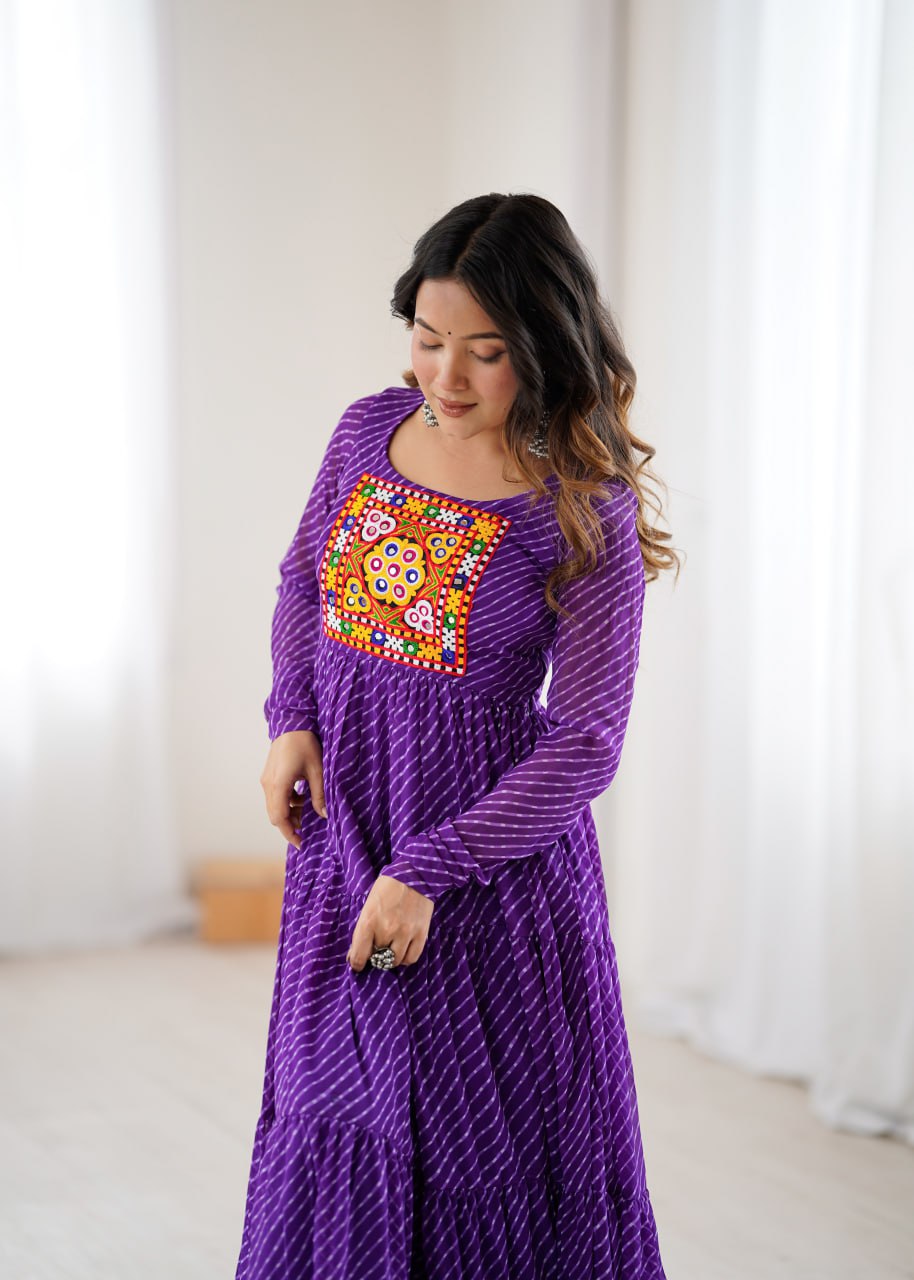 Purple Vibrant Laheriya Print Georgette Anarkali Gown Dress