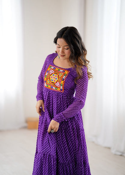 Purple Vibrant Laheriya Print Georgette Anarkali Gown Dress
