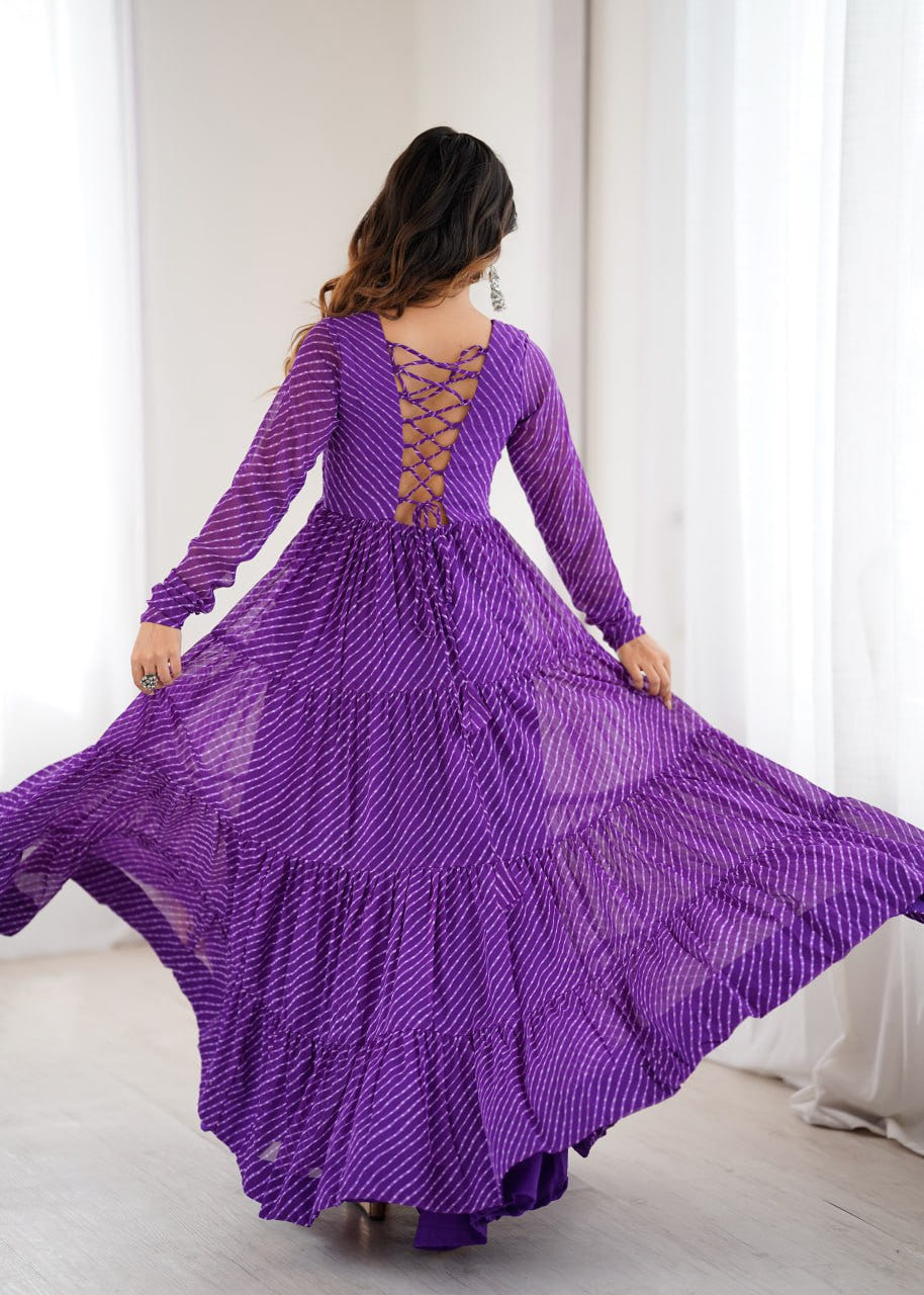 Purple Vibrant Laheriya Print Georgette Anarkali Gown Dress