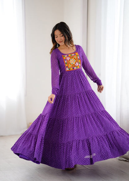 Purple Vibrant Laheriya Print Georgette Anarkali Gown Dress