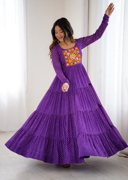 Purple Vibrant Laheriya Print Georgette Anarkali Gown Dress