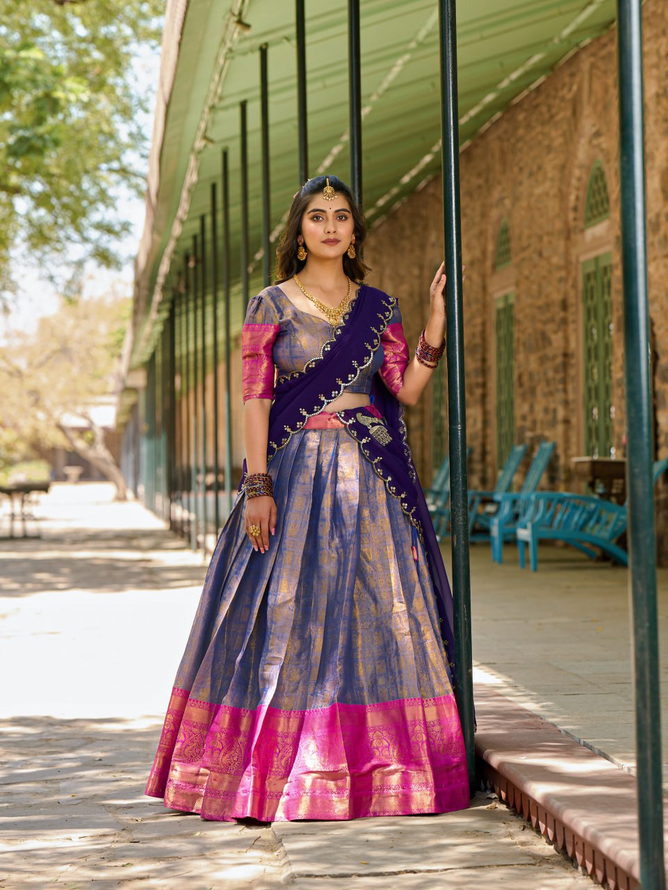 Purple and Pink Kanjivaram Zari Weaving Lehenga Choli with Dupatta