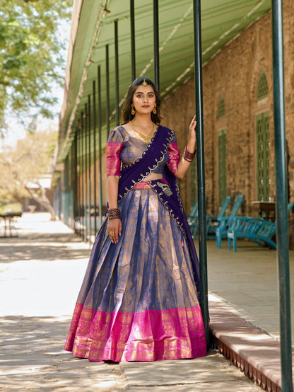 Purple and Pink Kanjivaram Zari Weaving Lehenga Choli with Dupatta