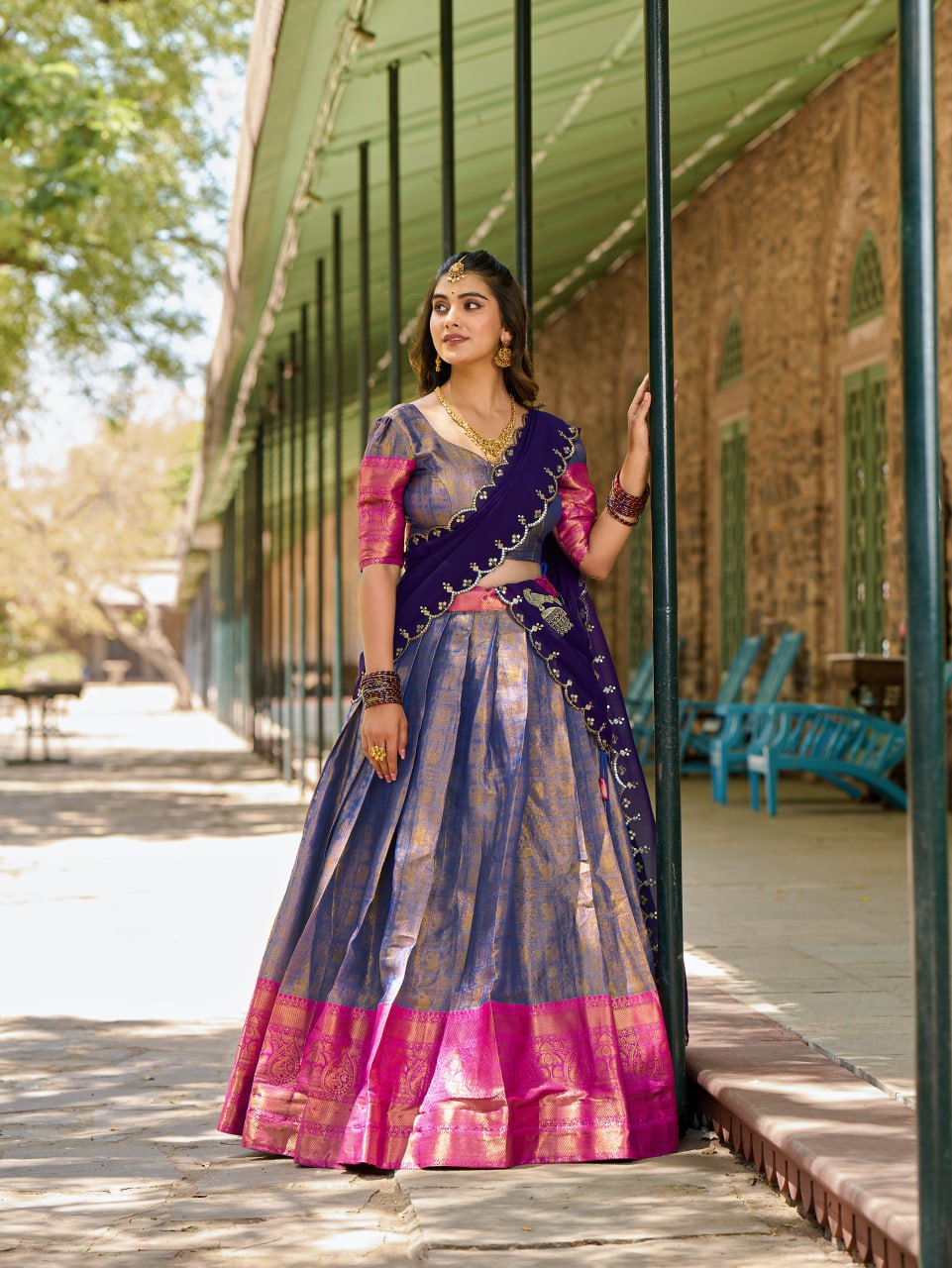 Purple and Pink Kanjivaram Zari Weaving Lehenga Choli with Dupatta