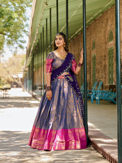 Purple and Pink Kanjivaram Zari Weaving Lehenga Choli with Dupatta