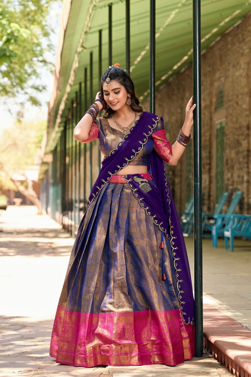 Purple and Pink Kanjivaram Zari Weaving Lehenga Choli with Dupatta