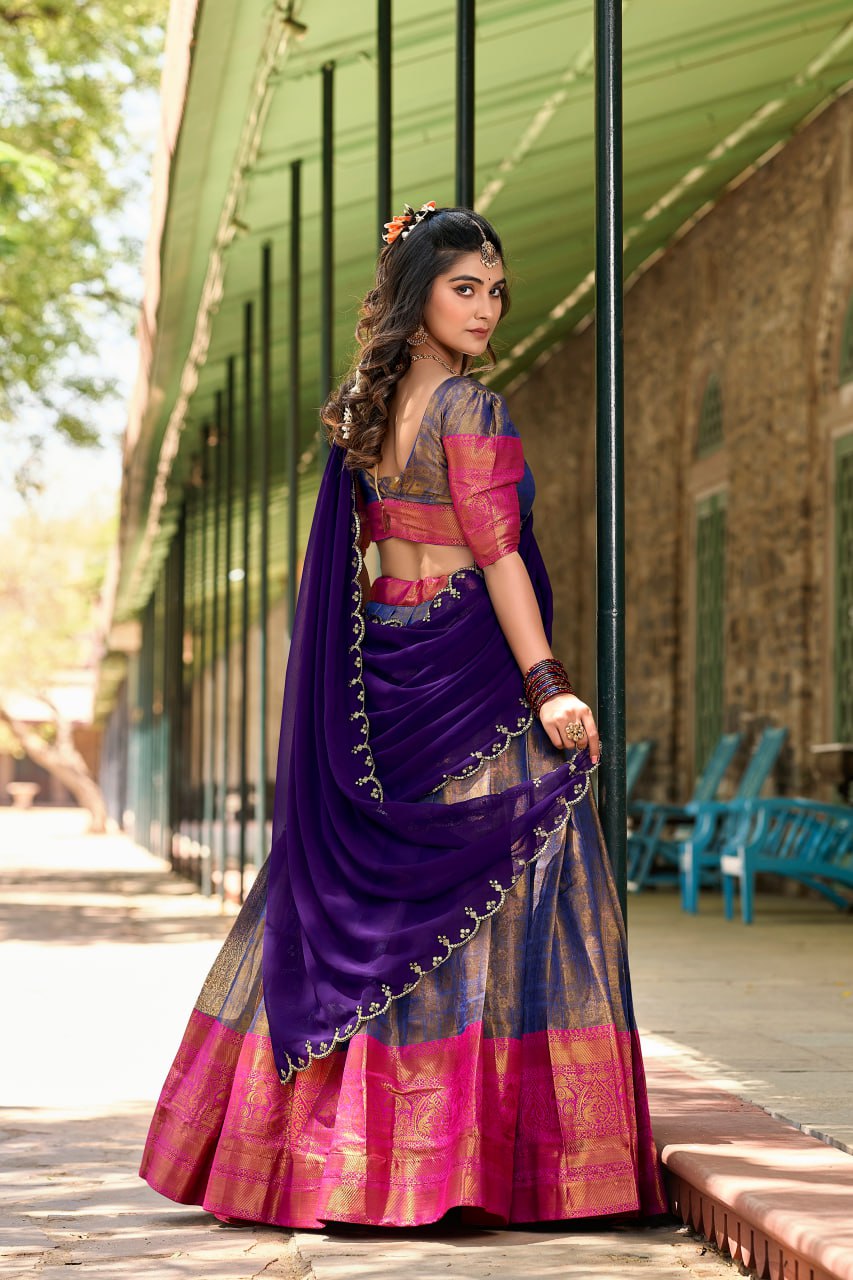 Purple and Pink Kanjivaram Zari Weaving Lehenga Choli with Dupatta