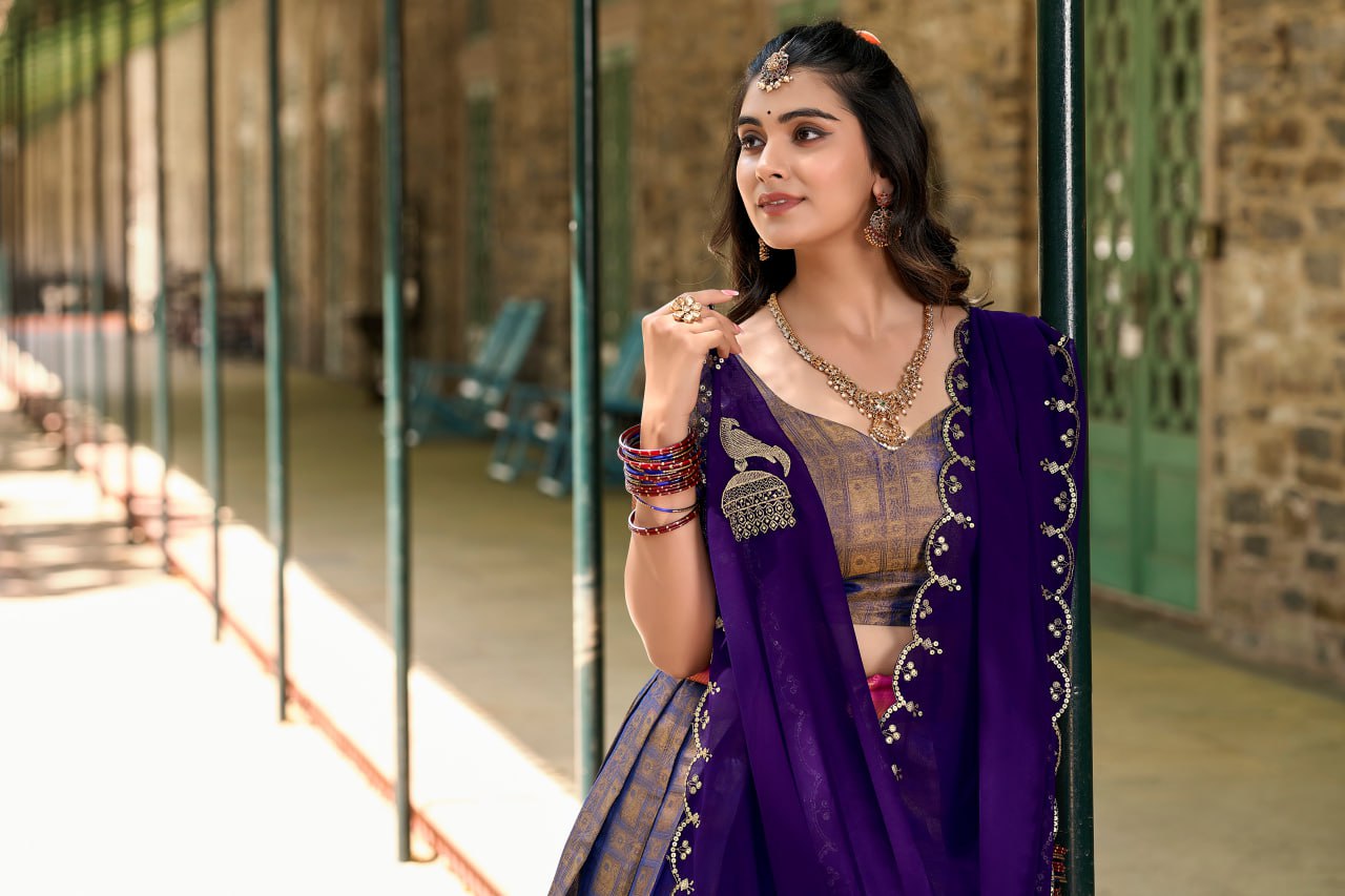Purple and Pink Kanjivaram Zari Weaving Lehenga Choli with Dupatta