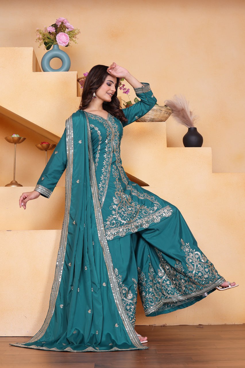 Rama Green Designer Natural Crepe Sequins Embroidered Sharara Suit