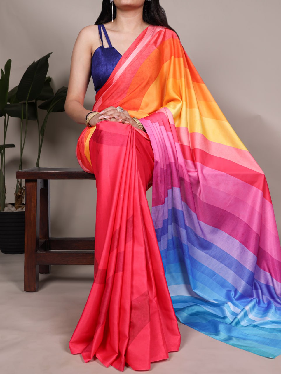 Rainbow Satin Silk Printed Saree with Fabric Elegant Banglory Blouse