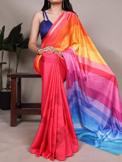 Rainbow Satin Silk Printed Saree with Fabric Elegant Banglory Blouse