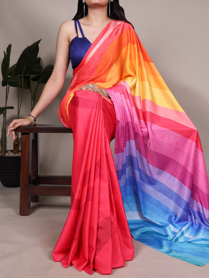Rainbow Satin Silk Printed Saree with Fabric Elegant Banglory Blouse