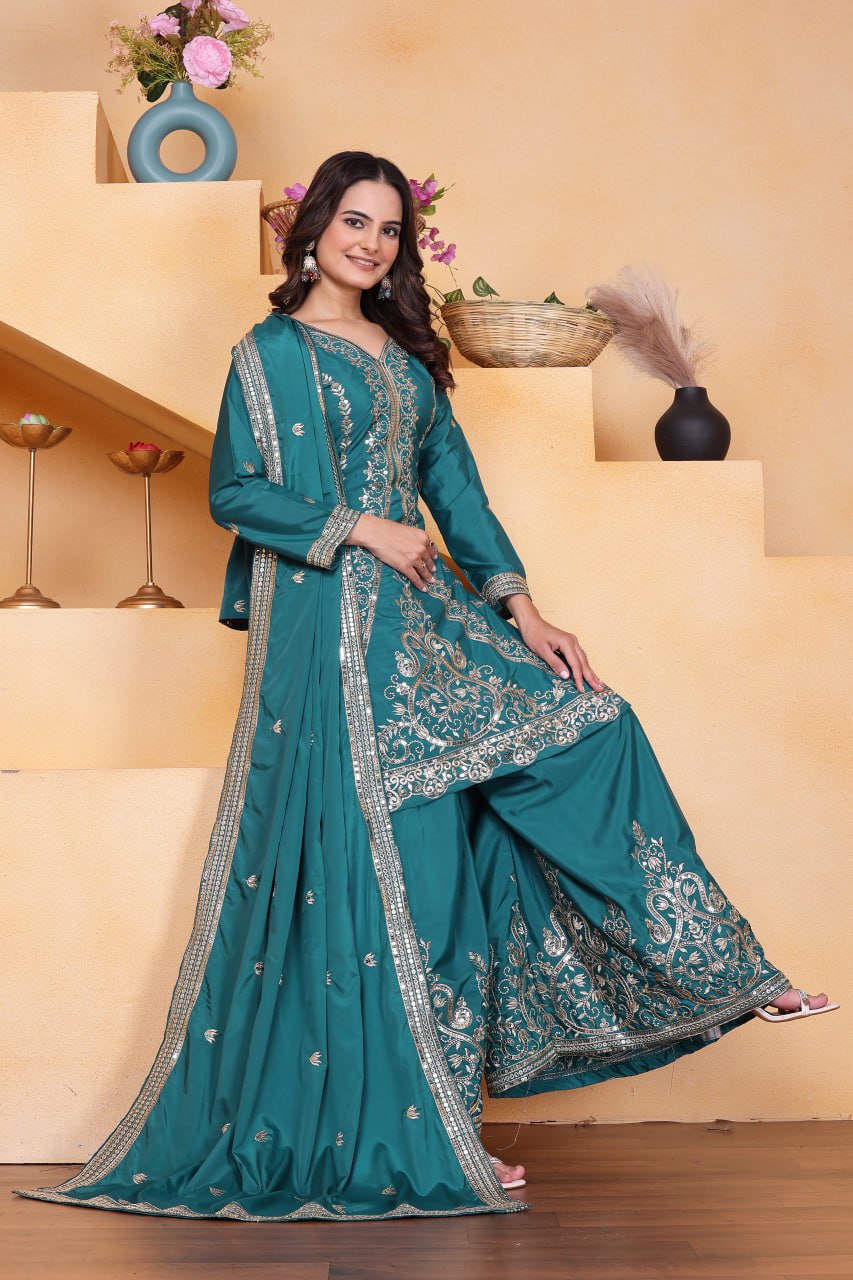 Rama Green Designer Natural Crepe Sequins Embroidered Sharara Suit
