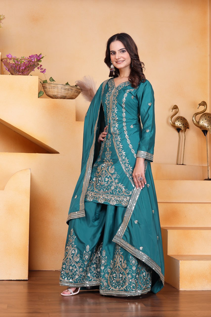 Rama Green Designer Natural Crepe Sequins Embroidered Sharara Suit