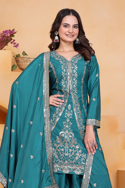 Rama Green Designer Natural Crepe Sequins Embroidered Sharara Suit