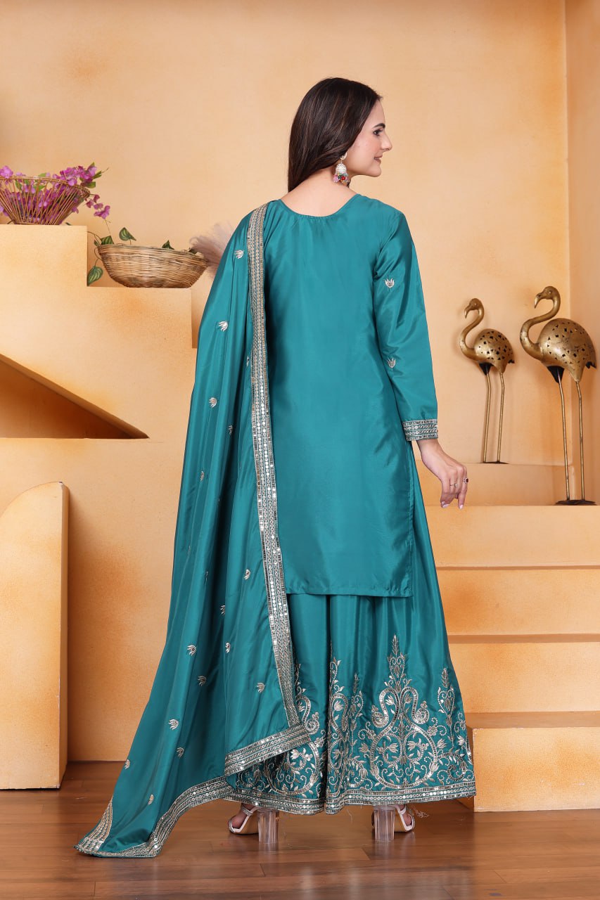 Rama Green Designer Natural Crepe Sequins Embroidered Sharara Suit