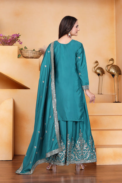Rama Green Designer Natural Crepe Sequins Embroidered Sharara Suit