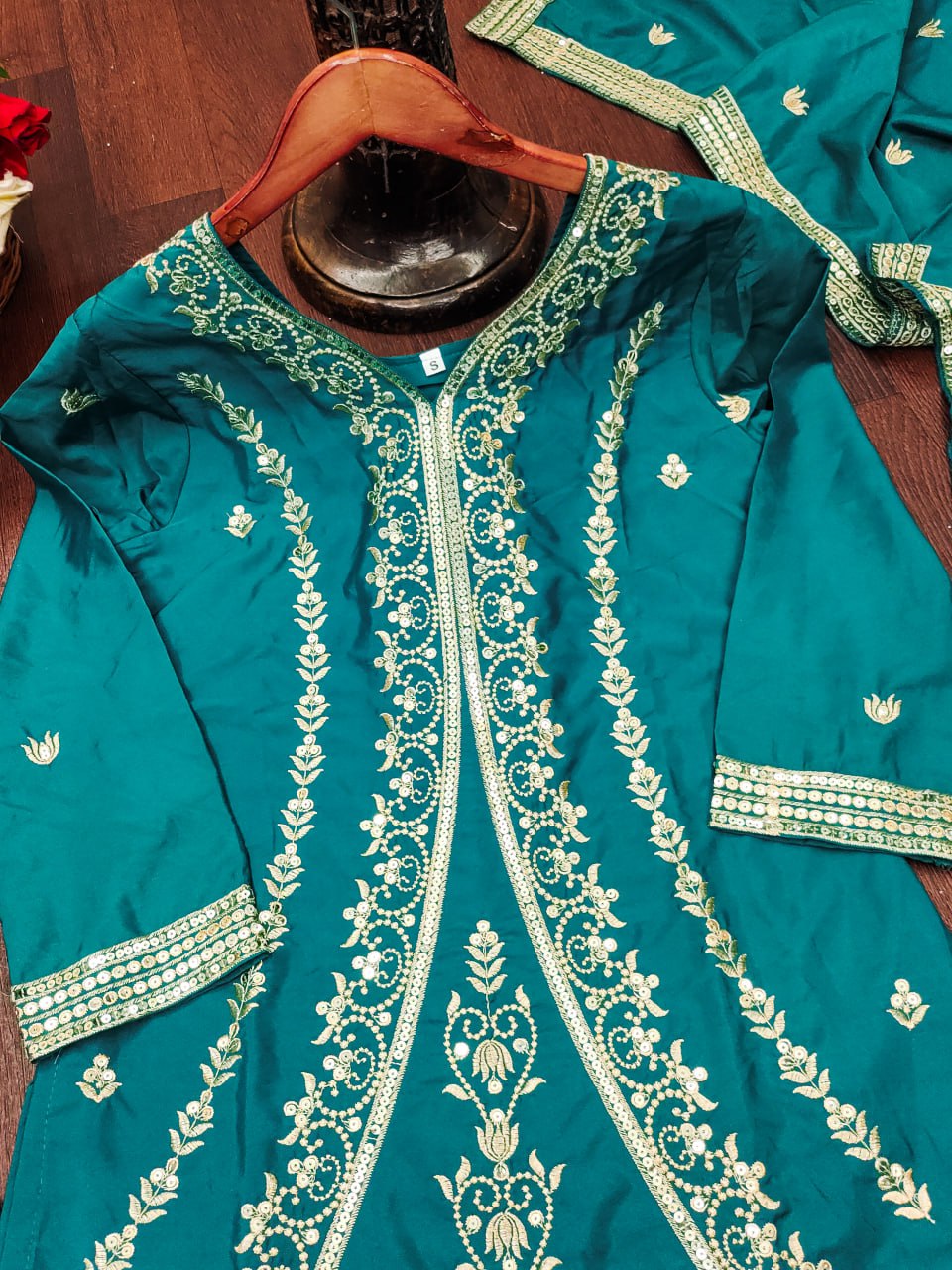 Rama Green Designer Natural Crepe Sequins Embroidered Sharara Suit