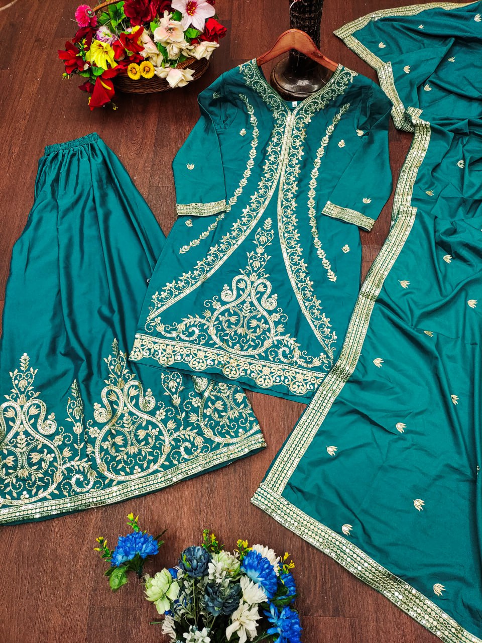 Rama Green Designer Natural Crepe Sequins Embroidered Sharara Suit