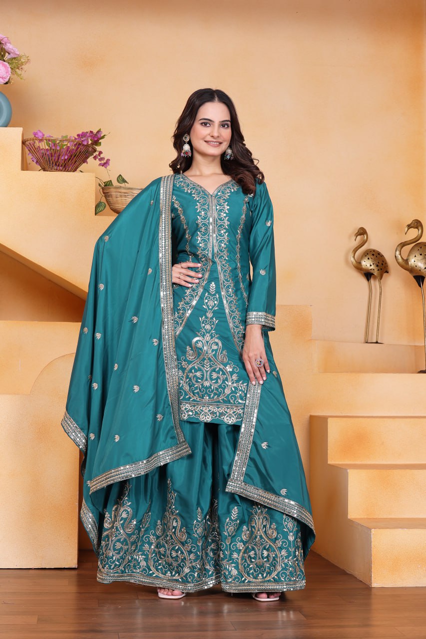 Rama Green Designer Natural Crepe Sequins Embroidered Sharara Suit