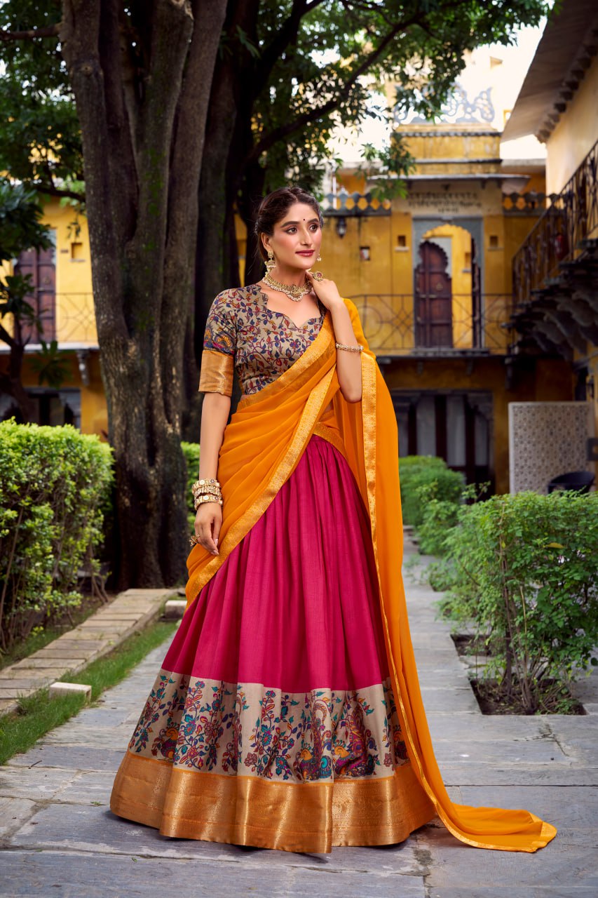 Rani Pink Aastha Silk Printed Lehenga Choli Set with Orange Dupatta