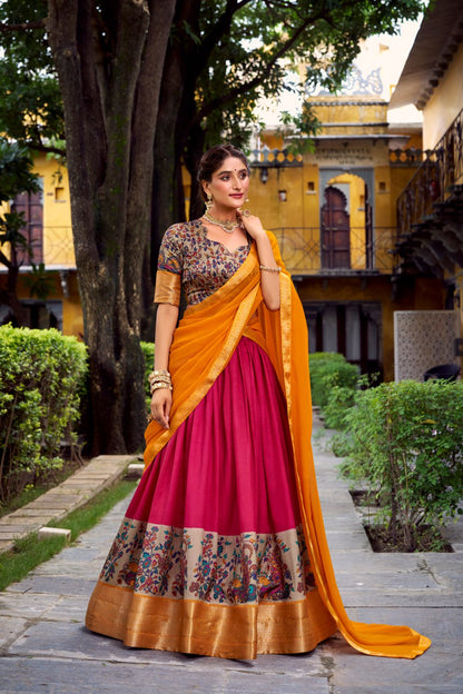Rani Pink Aastha Silk Printed Lehenga Choli Set with Orange Dupatta