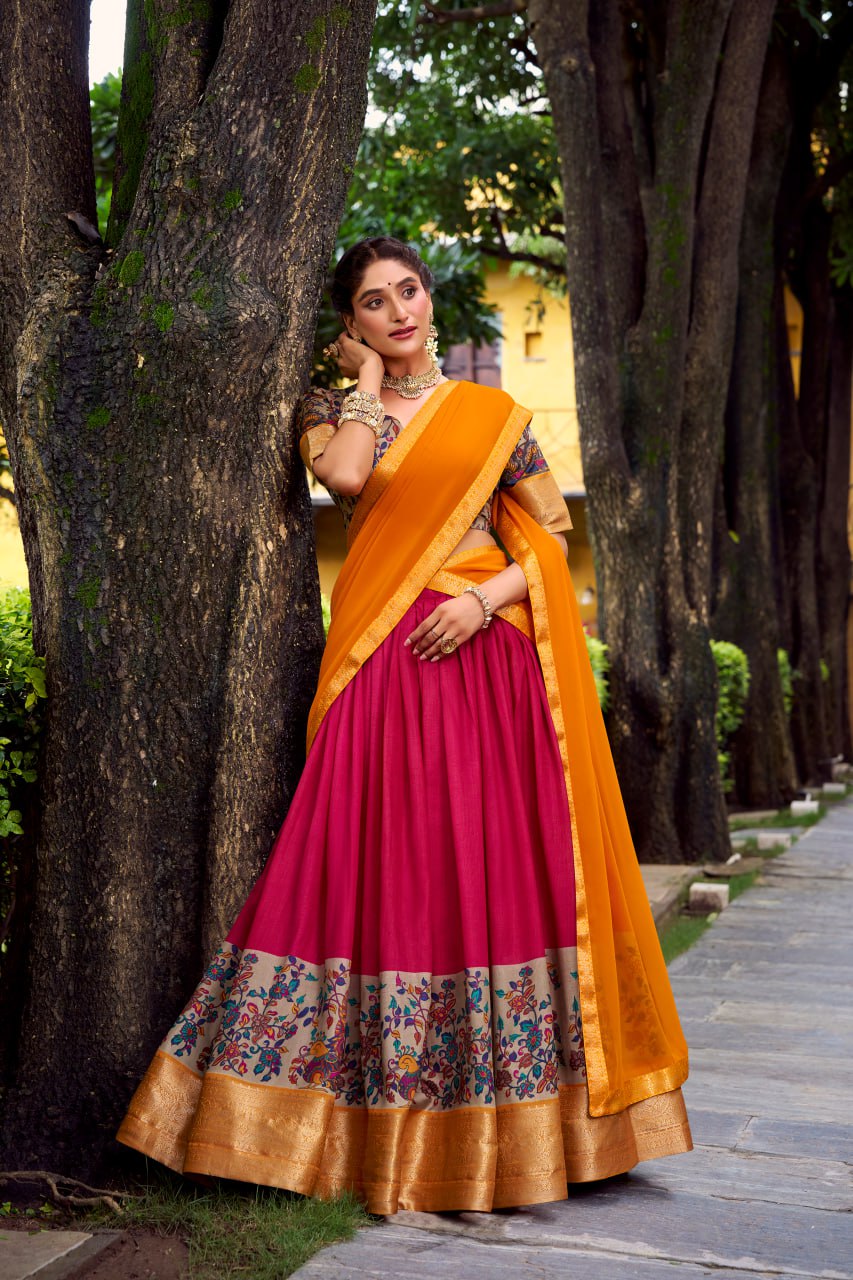 Rani Pink Aastha Silk Printed Lehenga Choli Set with Orange Dupatta