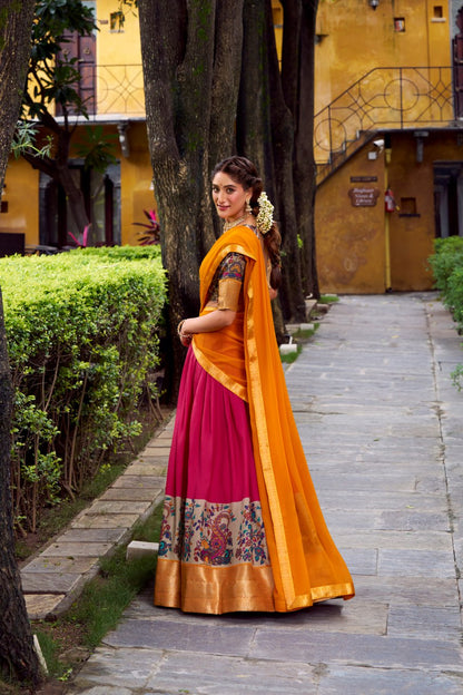 Rani Pink Aastha Silk Printed Lehenga Choli Set with Orange Dupatta