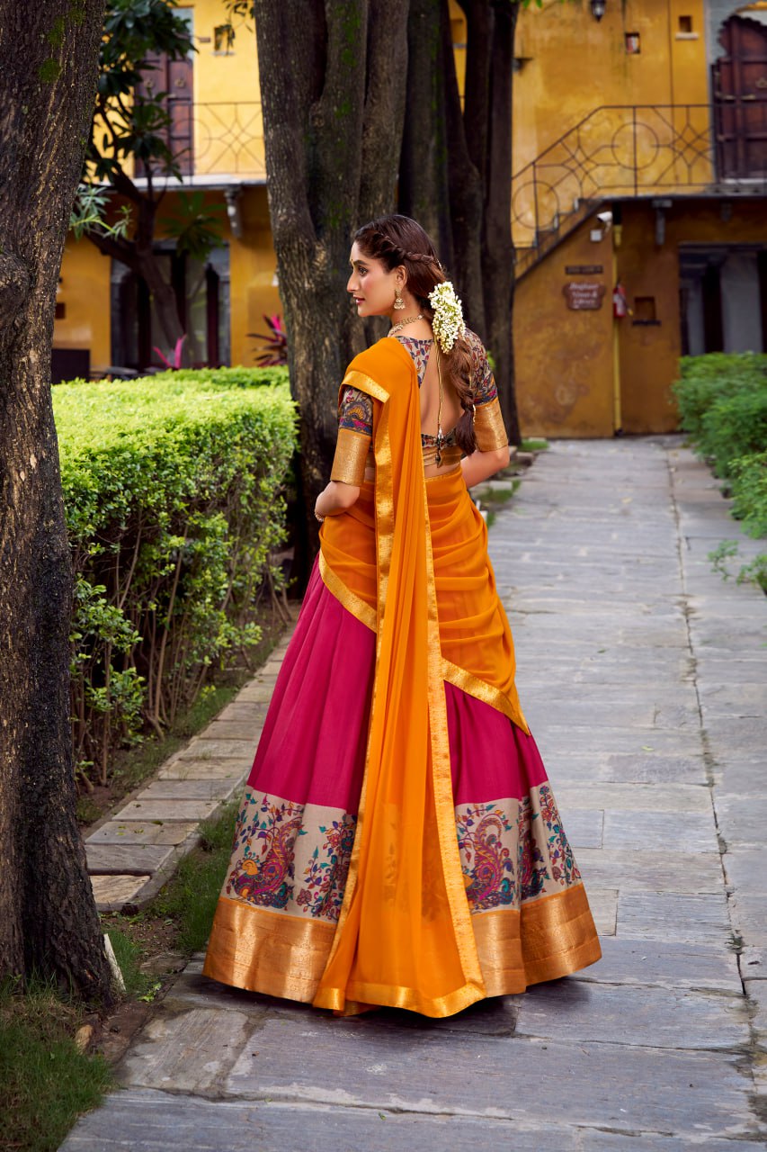 Rani Pink Aastha Silk Printed Lehenga Choli Set with Orange Dupatta
