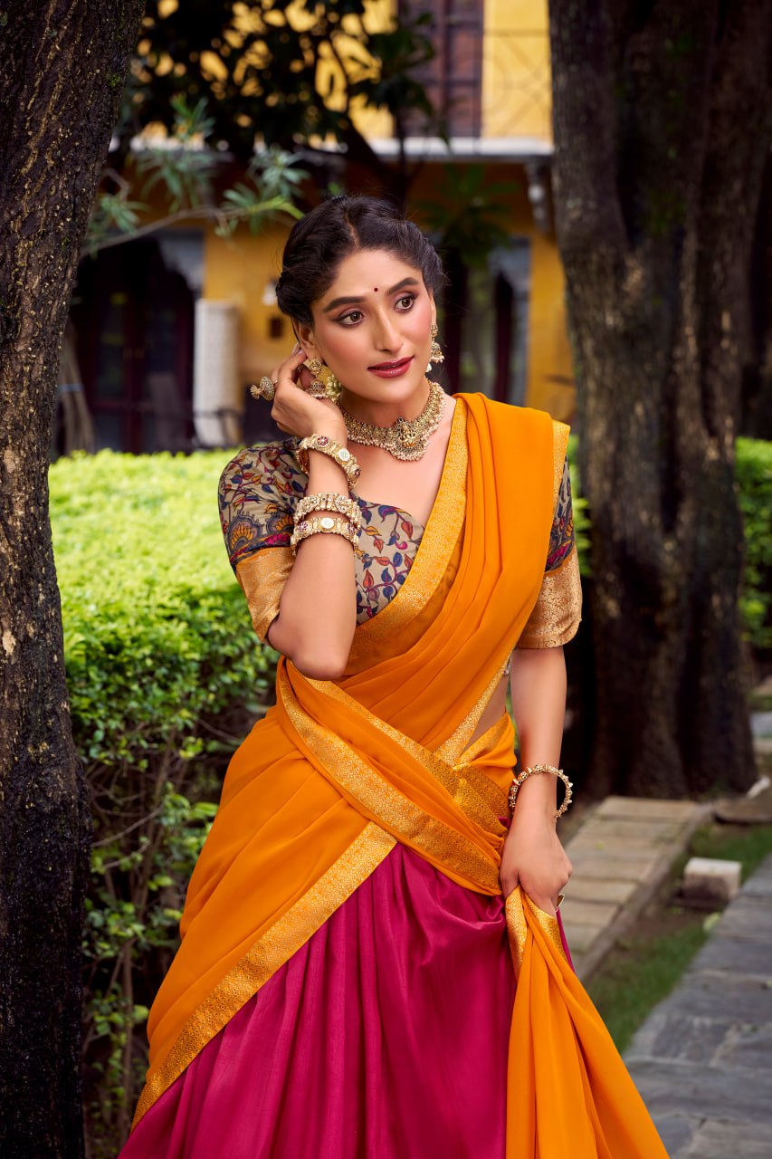 Rani Pink Aastha Silk Printed Lehenga Choli Set with Orange Dupatta