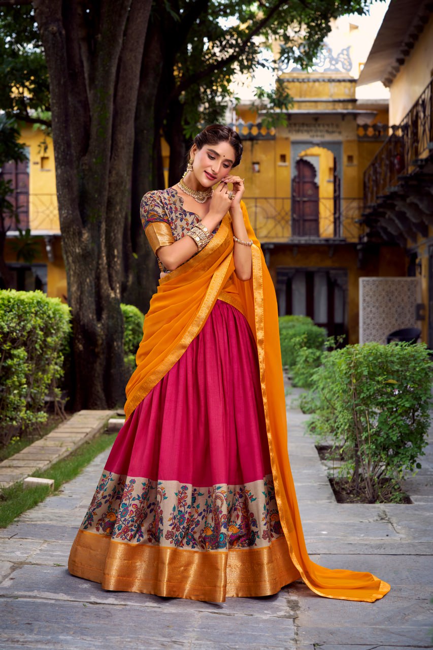 Rani Pink Aastha Silk Printed Lehenga Choli Set with Orange Dupatta
