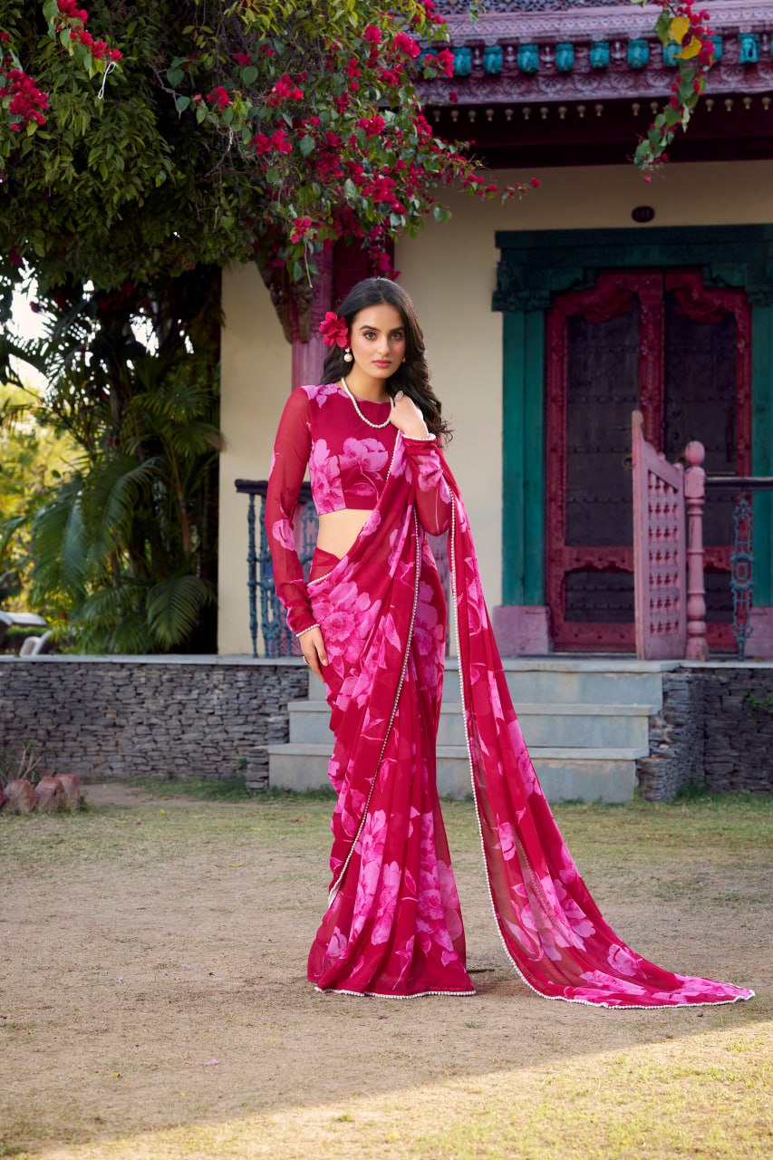 Rani Pink Chiffon Floral Printed Saree Pearl Lace Border Matching Blouse