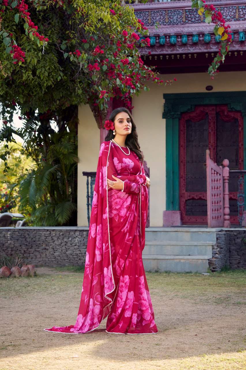 Rani Pink Chiffon Floral Printed Saree Pearl Lace Border Matching Blouse