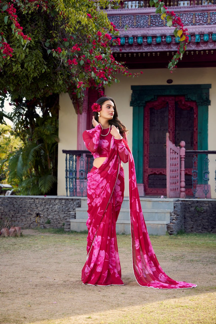 Rani Pink Chiffon Floral Printed Saree Pearl Lace Border Matching Blouse